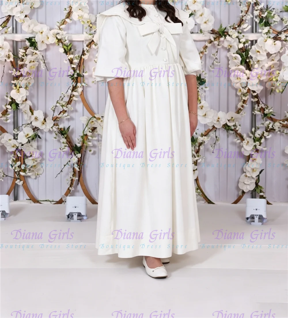 New Elegant Flower Girl Dress Quality White Satin Fluffy Big Bow For Kids Wedding Birthday Party Evening Ball Gowns Customisable