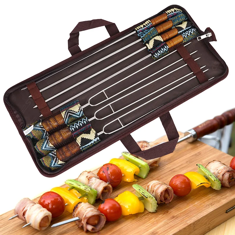 

Outdoor BBQ Grill Needle Barbecue Sticks Stainless Steel U-shaped Wooden Handle Portable Picnic Grill Fork Set Combination