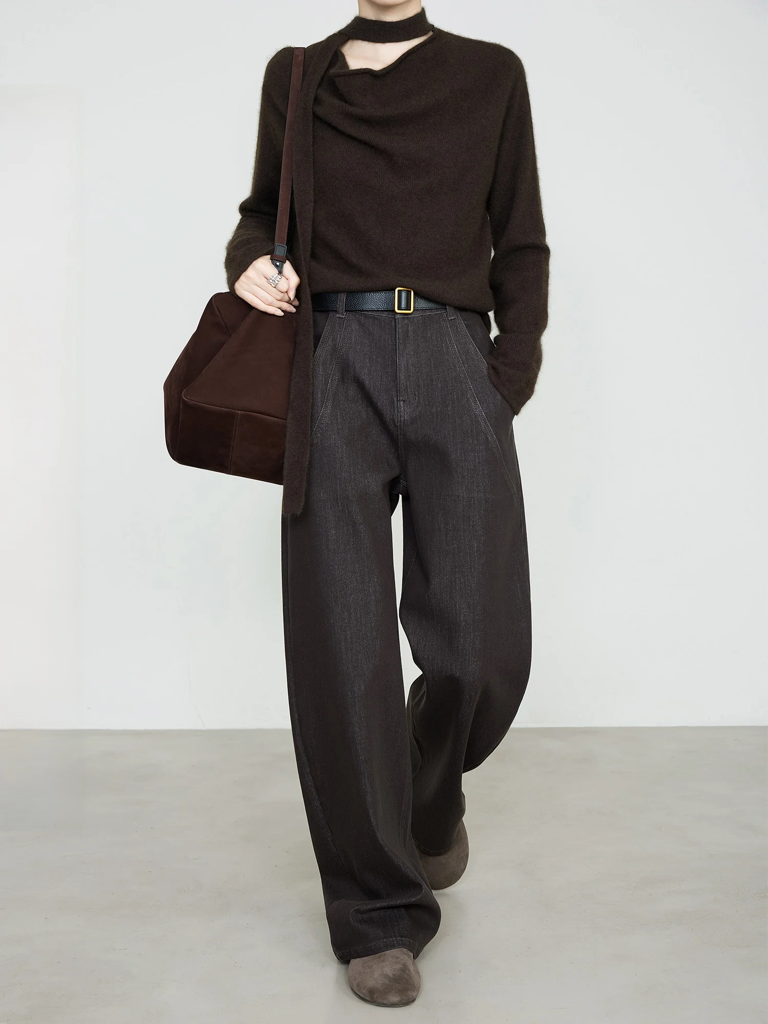 

Brown Curved Knife Pants Silk Cotton Denim 3D Separation Slimming Banana Pants High Waist Zipper Closure Casual Tro...