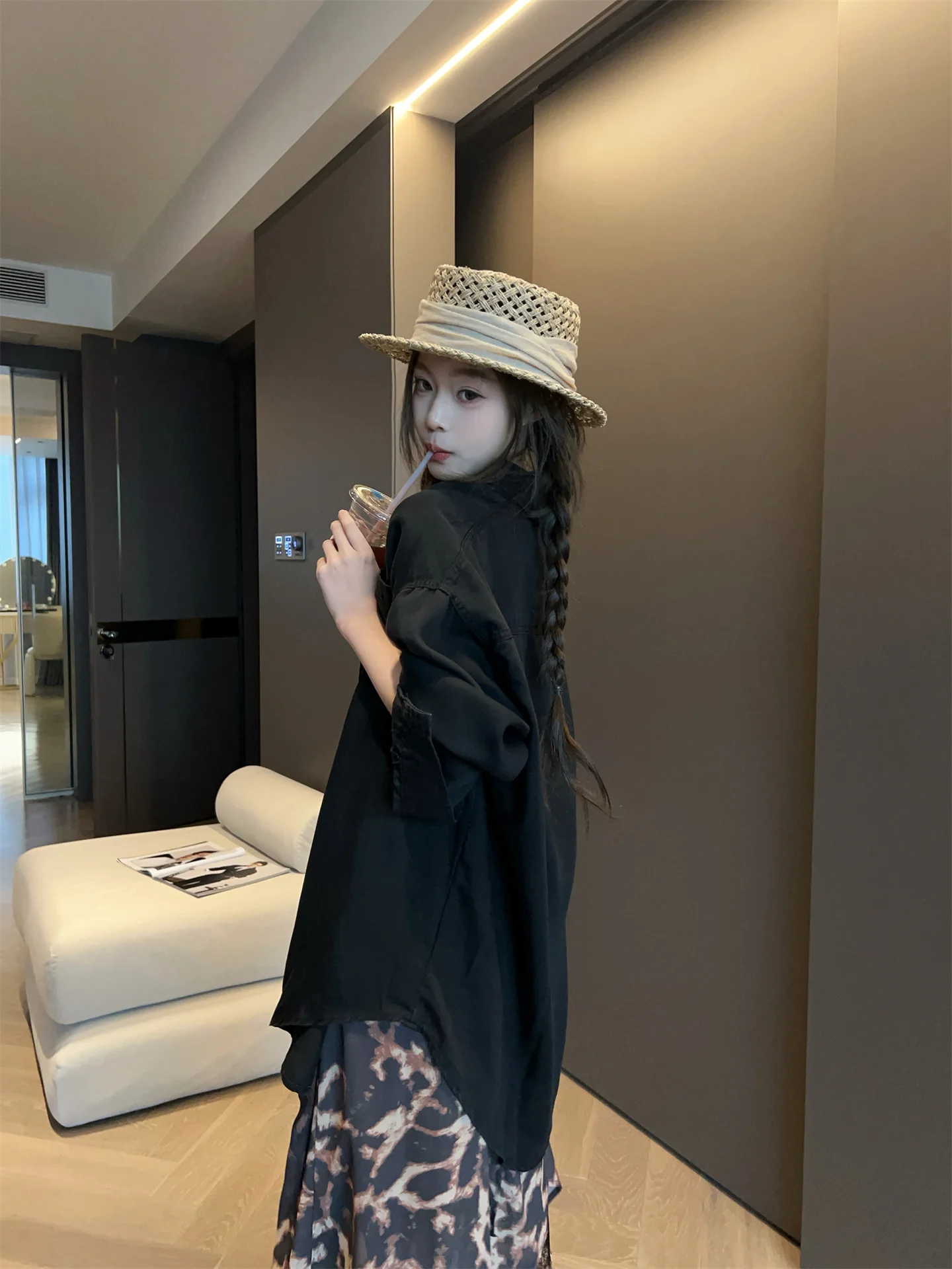 

Retro mat Silk Denim irt Jaet Women's Spring Faion 2026 Casual Top Loose Fit Breathable Seven Sve