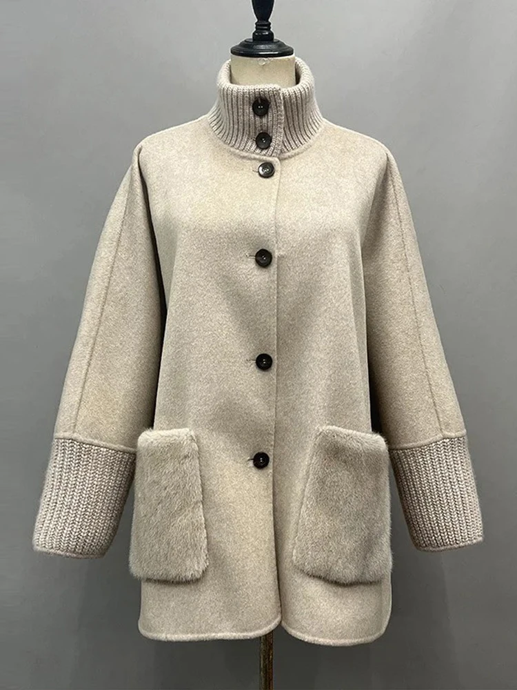 

Vintage Patchwork Women's Knit Jacket Loose Stand Collar Long Sleeve Single-breasted Pockets Cardigan Sweater 2026 Thick Coat