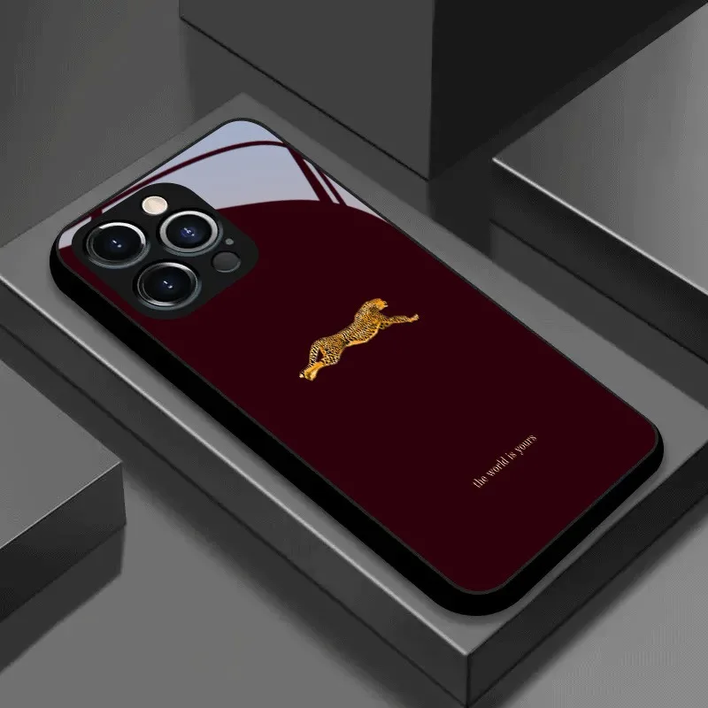 

Wine Red Leopard Pattern Tempered Glass Black Phone Case For Samsung Galaxy S25 S24 S23 Ultra Plus FE Cover