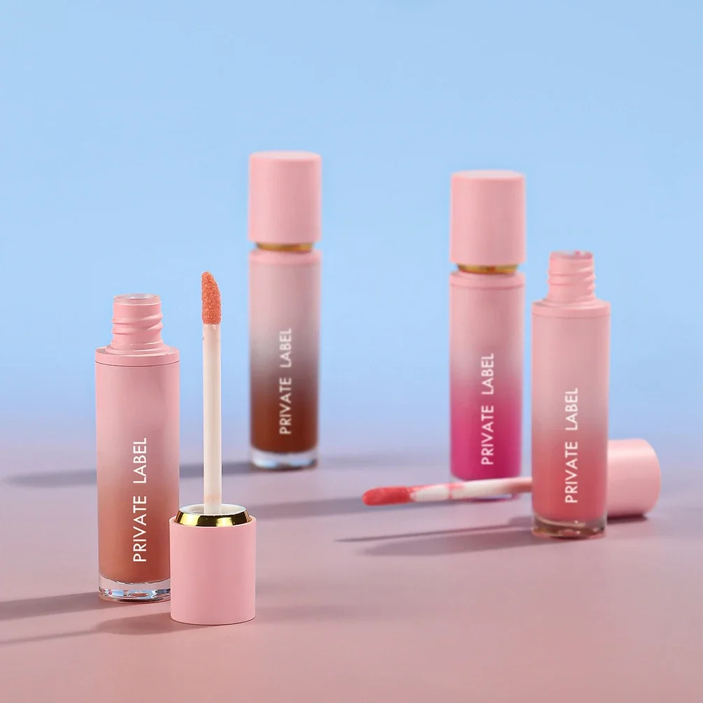 Brilho Labial Personalizado com Logo, Tubo Rosa com Boca Estreita, Efeito Água, Acabamento Veludo Matte, Maquiagem Hidratante por Atacado
