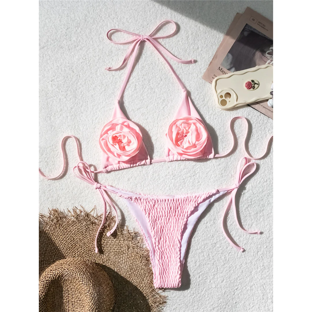 Damen-Bademode, 3D-Blumen, Neckholder, geraffte Träger, Bikini mit Schnürung, zweiteiliger Bikini-Set, Badeanzug, Badebekleidung, Schwimmkleidung V6135 – Detail 8