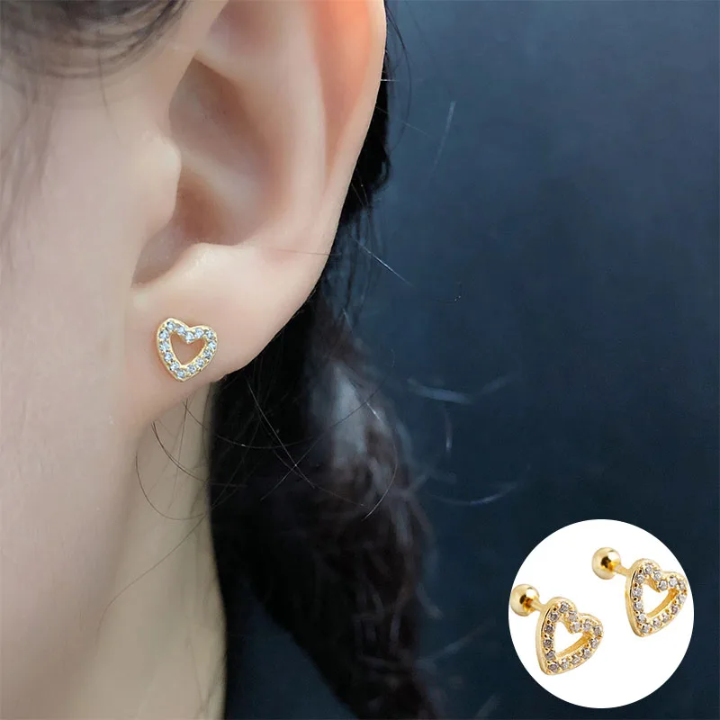 

100% 925 Sterling Silver Gold Zircon Love Heart Earrings for Women Girl Fashion Simple Bead Jewelry Birthday Gift Dropshipping