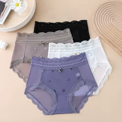 Women Mid Waist Panties Sexy Lace Bow Mesh Transparent Briefs Lady Ultra-thin Underpants Lingerie Seamless Breathable Underwear