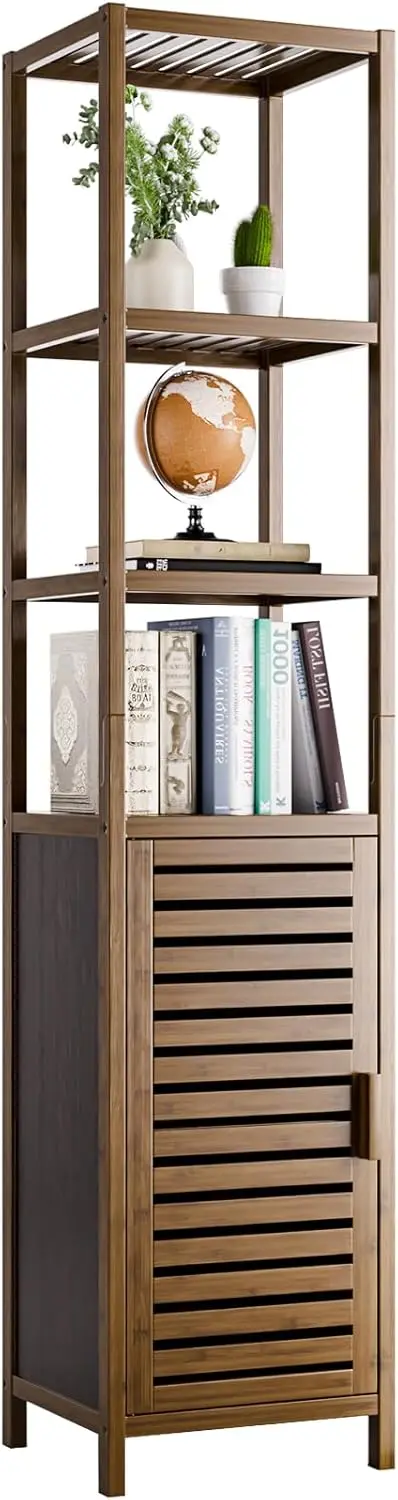 Bathroom Cabinet, Bamboo Floor Cabinet Freestanding Narrow Storage Unit with Removable Shelves, 6 Tier Tall Cabinet, Walnut