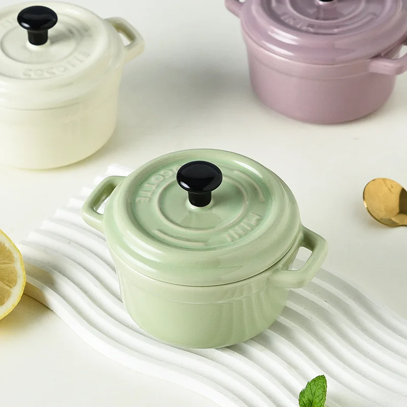 

Керамические чашки с двойной ручкой, маленькие суповые миски, для домашнего использования, с крышками, миски для приготовления яиц на пару, десертные миски для выпечки суфле