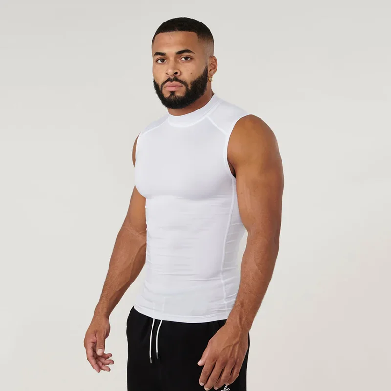 Compression Cut-off Tank Tops Muscle Mens Fitness Clothes Solid Sports Sleeveless Shirt High Neck Elastic Gym Bodybuilding Vest