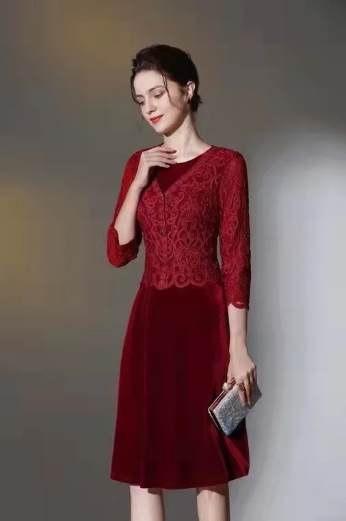 4xl 3xl Dress Vestidos 2023 Spring Autumn Party Events Woman Lace Embroidery Velvet Patchwork Slim Fit & Flare Dress Khaki Red