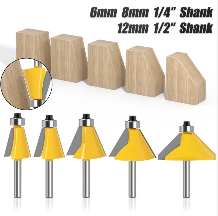 

1pc 6mm 8mm 12mm 1/4′′ 1/2′′ Shank High Quality Large 11.25，15，22.5，30，45 Degree Chamfer & Bevel Edging Router Bit Wood