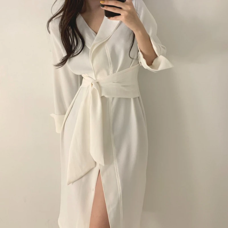 REALEFT Autunno Sinlge Breasted Camicie da donna allentate Abiti Telai 2025 Nuovo abito a trapezio elegante con spacco frontale a maniche lunghe femminile