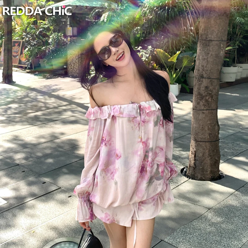 ReddaChic Ruffled One Shoulder Top & Shorts Elegant Flower Printing Long Sleeve Blouse Wide Leg Drawstring Shorts Summer Clothes