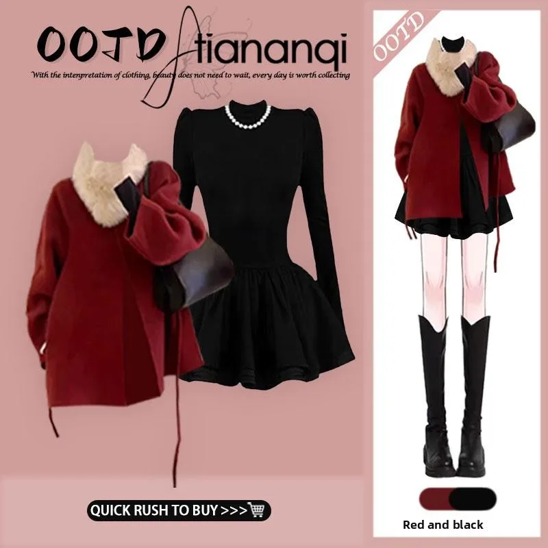 

Red Woolen Coat And Dr Set for Women Ele Vintage Lightweight Autumn Winter Outfit Two-Piece Set Long Sve