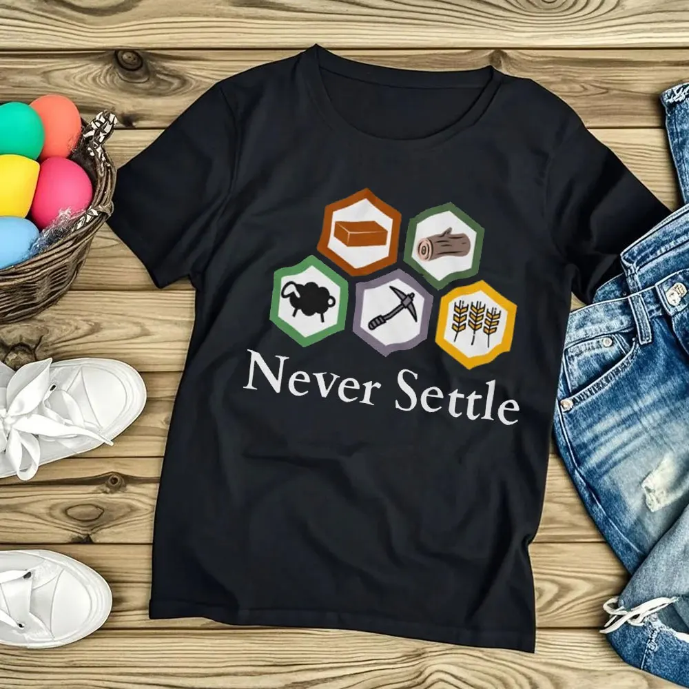Camiseta Never Settle Catan Vintage Settlers of Catan para hombre, camiseta divertida con diseño de juego de mesa, regalo perfecto para fanáticos de los juegos de mesa
