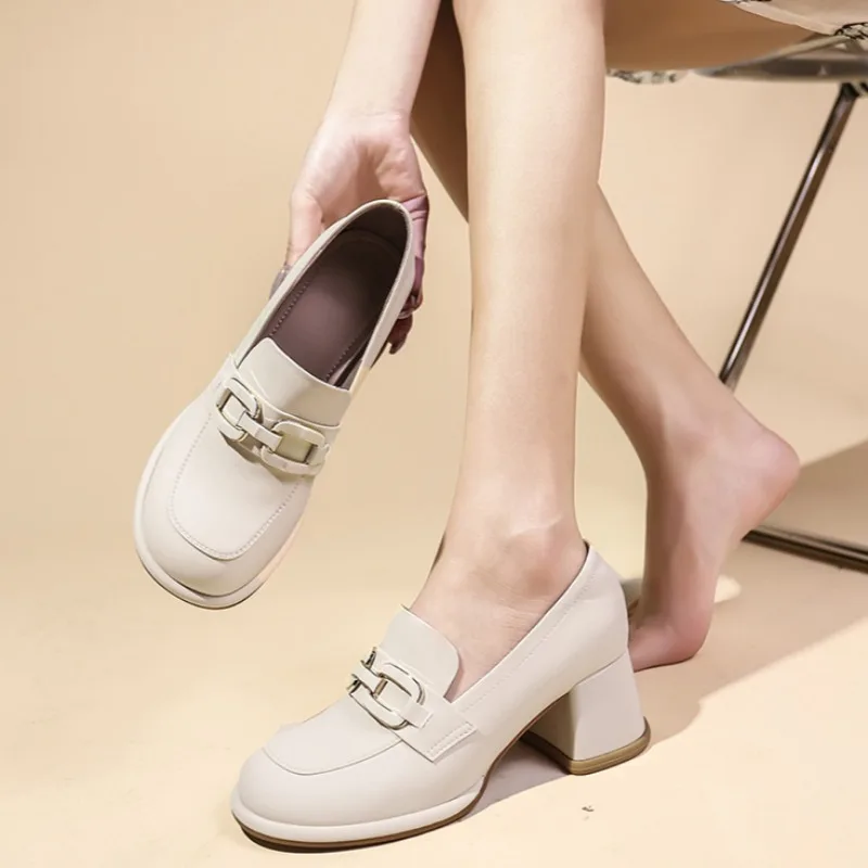 2024 Retro New Women's British Style Round Solid Color Toe Slip-on Shallow Mouth Metal Decorated Thick-soled High Heels