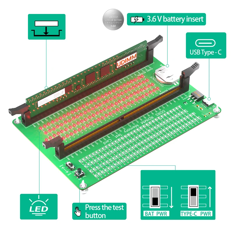 Testeur de mémoire DDR5 RDIMM/UDIMM avec indicateur LED à loquet long, pour ordinateur de bureau, serveur, carte de test