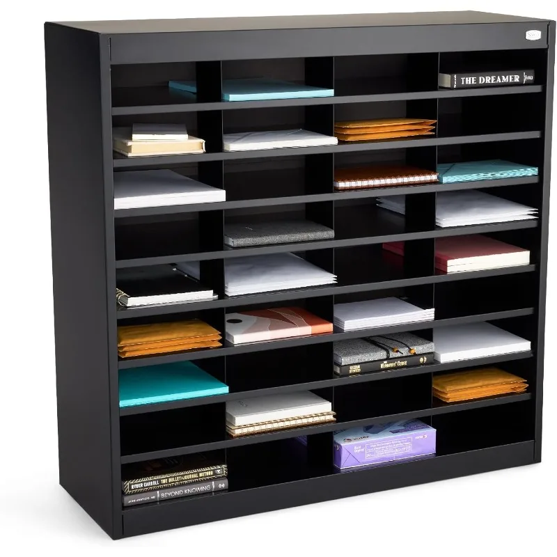 Paper organizer, mailbox with letter-sized compartments, file/magazine rack, commercial-grade steel and heavy-duty construction