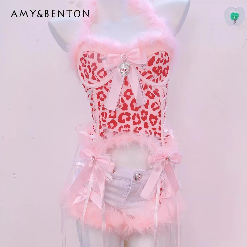 

Оригинальный дизайн, ретро-комплект: розовый топ с леопардовым принтом и кружевом, женские шорты в стиле панк Y2K с бантом и меховой отделкой, весна 2026, новинка, сексуальный комплект для женщин