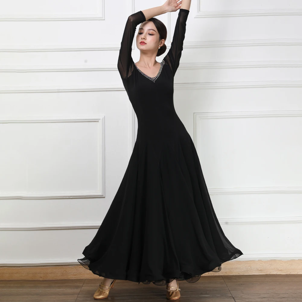 표준 댄스 드레스 경연 대회 검은 긴 소매 왈츠 드레스 고품질 대형 스커트 핑크 v 넥 볼룸