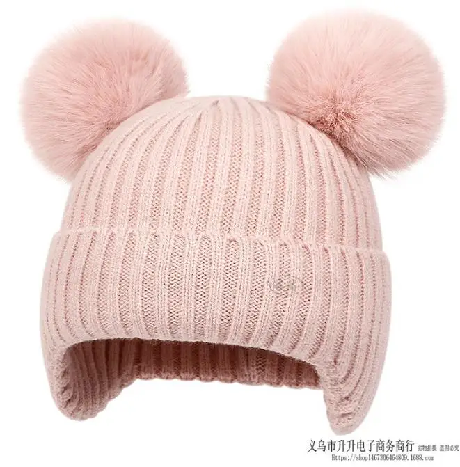 

Suefunskry вязаная шапка для маленьких девочек с ушками, стильные однотонные теплые детские зимние шапочки в рубчик с меховым шариком