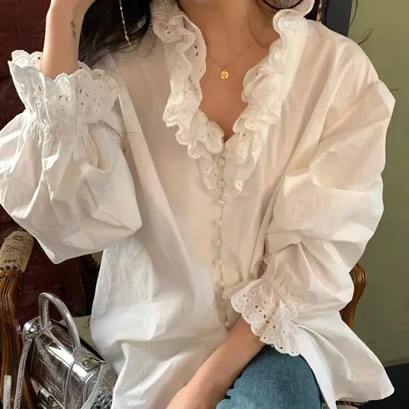 

Sweet Ruffles Tops Cotton Blouse French Style New Autumn Long Flare Sleeve Shirt Women White Loose Button Clothes Blusas 29936