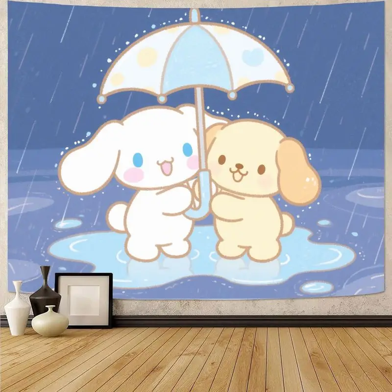 

1 шт. кавайный гобелен с изображением собаки и друзей от дождя, милый белый щенок и желтый зонтик для собаки, настенное искусство, эстетический полиэстер, декор для спальни, подарок