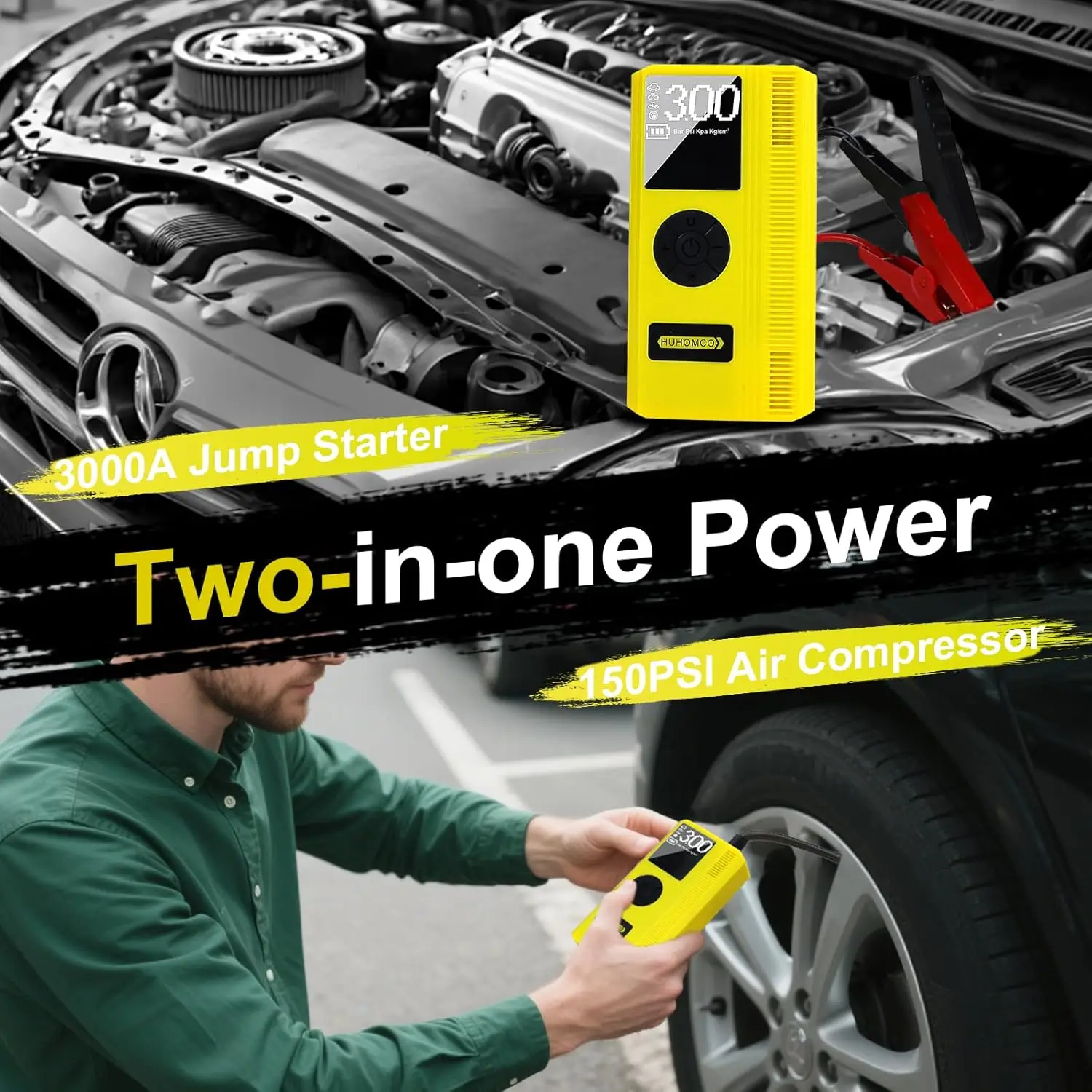 مشغل قفز للسيارة 7 في 1 مع ضاغط هواء، حزمة طاقة 3000 أمبير 12 فولت، منفاخ رقمي 150 رطل لكل بوصة مربعة للغاز/الديزل، وإضاءة LED وكابلات