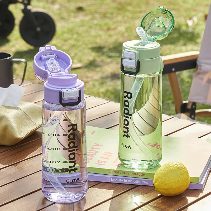 High Appearance Dual Use Plastic Water Bottle with Flip Lid & Straw, Portable Outdoor Sports Drinking Cup for Summer