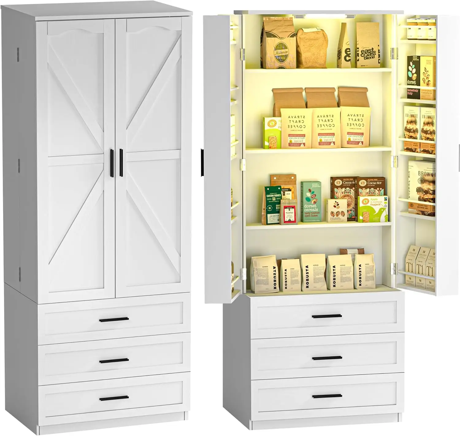 Kitchen Pantry Cabinet with 3 Drawers Farmhouse Tall Storage Cabinet Wood Food Pantry with Barn Doors and Adjustable Shelves Ver