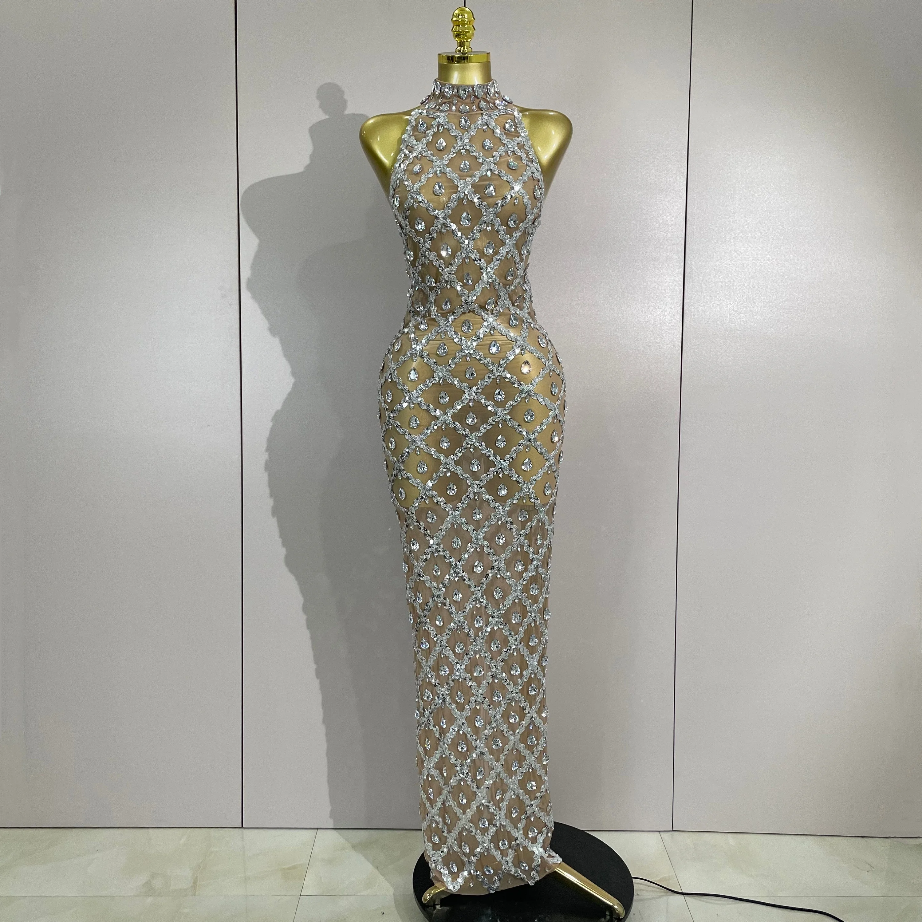 الأسهم الفاخرة سباركلي الماس الترتر شبكة شير فستان طويل المرأة احتفال مساء حفلة عيد ميلاد مثير ملهى ليلي المرحلة زي