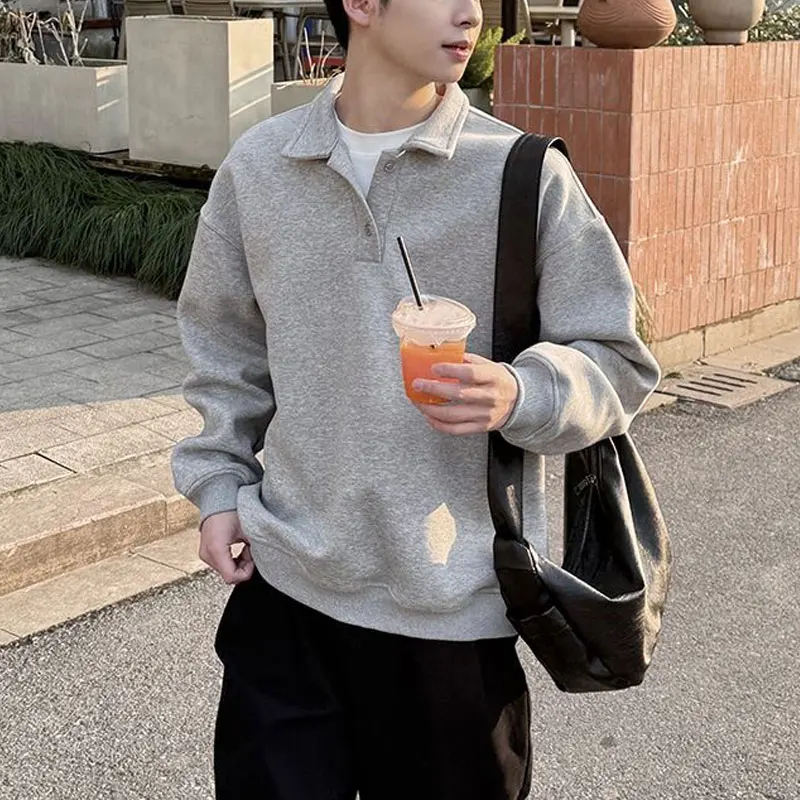 Basic Long Sleeve Casual Hoodies Men's Clothing Grey Solid Color Spring Autumn Youthful Vitality Japan Style Lapel Sweatshirts