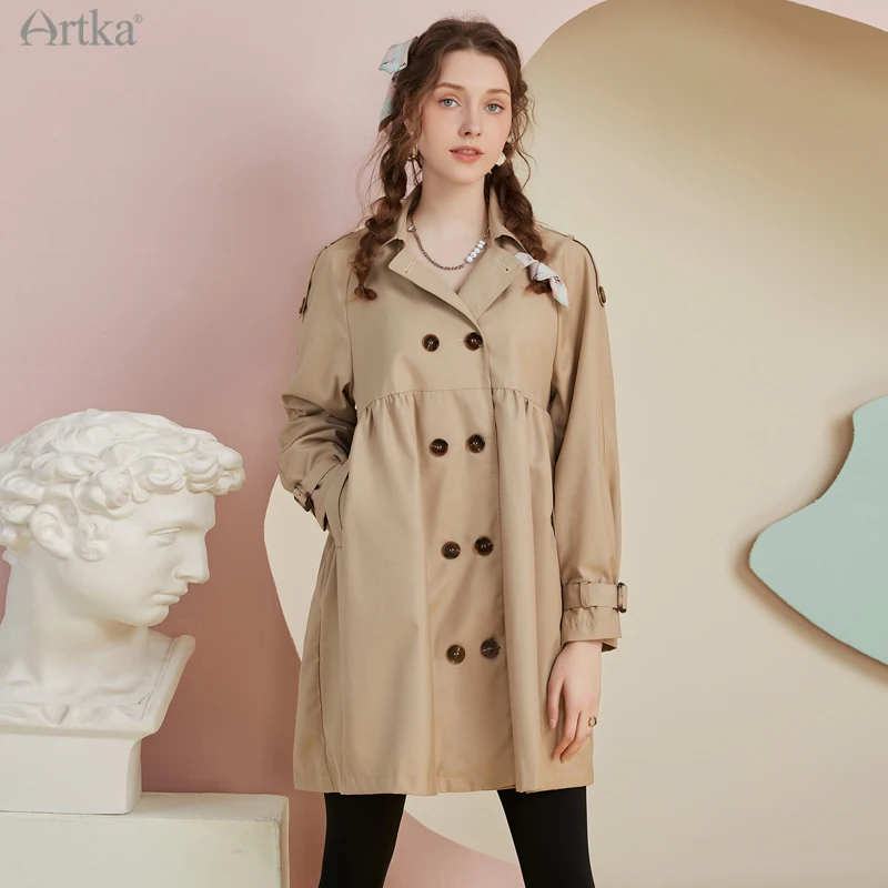 ARTKA 2022 Spring New Women Trench Coats Elegant Double breasted Lapel Trench Coat Loose Midi Windbreaker Outerwear FA20113D