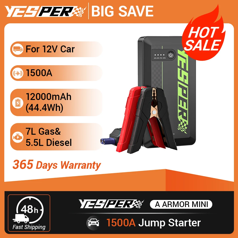 YESPER Avviatore d'Emergenza Portatile per Auto 1500A di Picco, Caricabatterie USB Power Bank 12V, Jump Starter per Moto SUV Camion 7L Benzina 5.5L Diesel