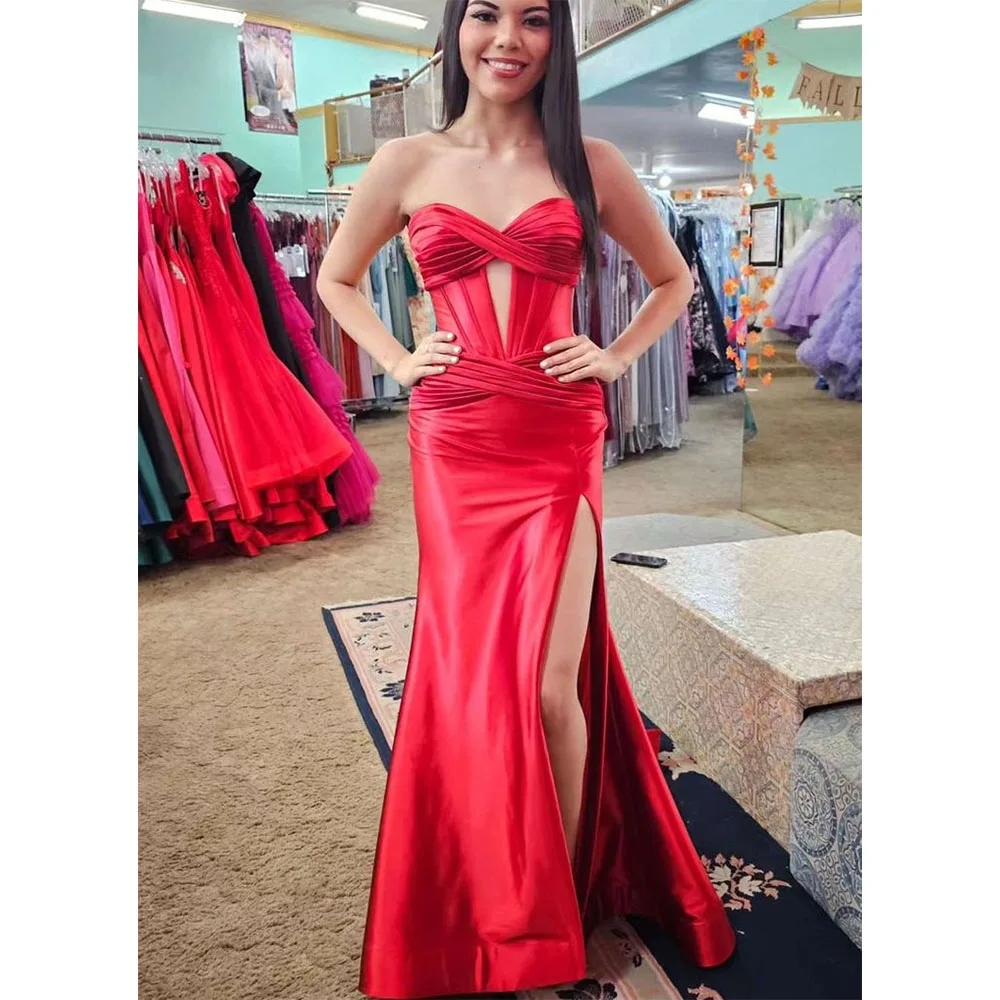 

Classic Red Evening Dresses Elegant Strapless A Line Sleeveless High Quality Fit Formal Event Banquet Wedding Prom Female Gowns