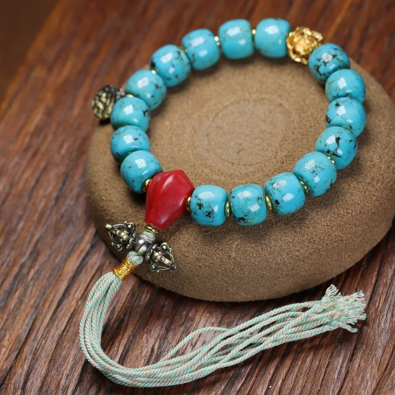 Optimized Turquoise Old Barrel Bead Tibetan Style Vajra Star Moon Bodhi Single-Strand Bracelet
