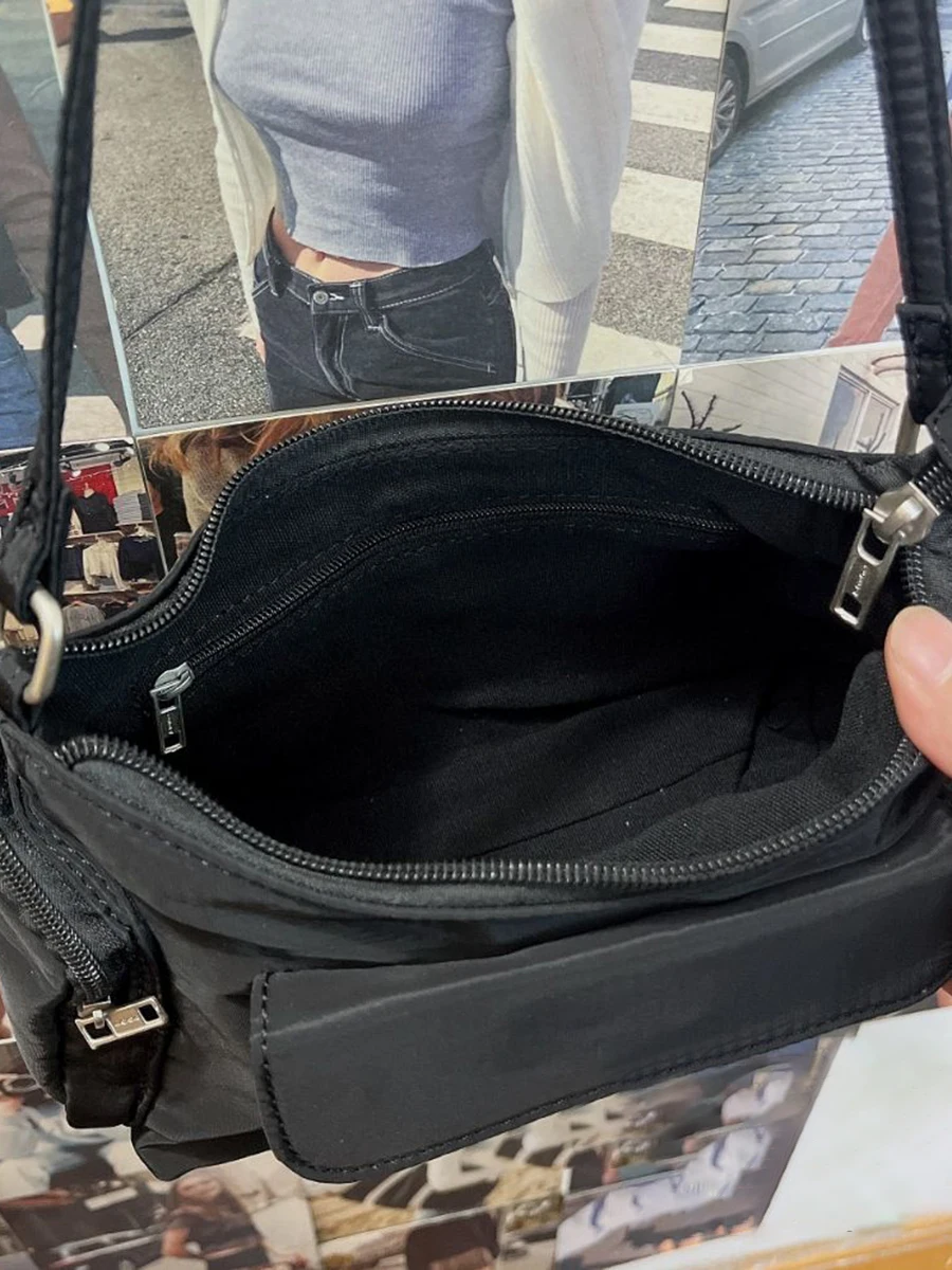 Bolso de hombro negro con bolsillos para mujer, bolsos de alta calidad con cremallera para las cuatro estaciones, estilo Preppy, moda urbana, Chic,