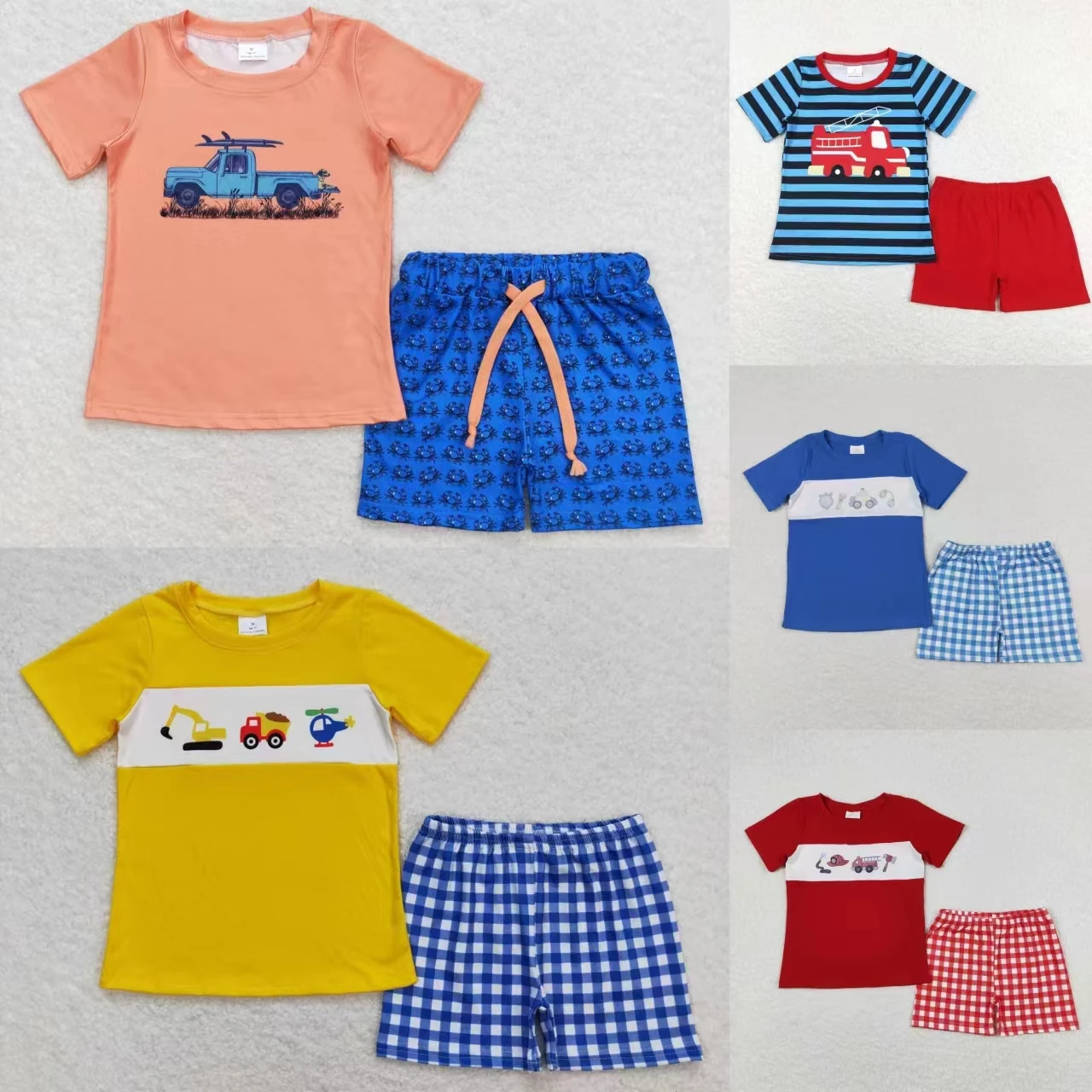 Wholesale Baby Boy Short Sleeves Trucks T-shirts Set Toddler Infant Shorts Kids Children Summer Plaid Outfit