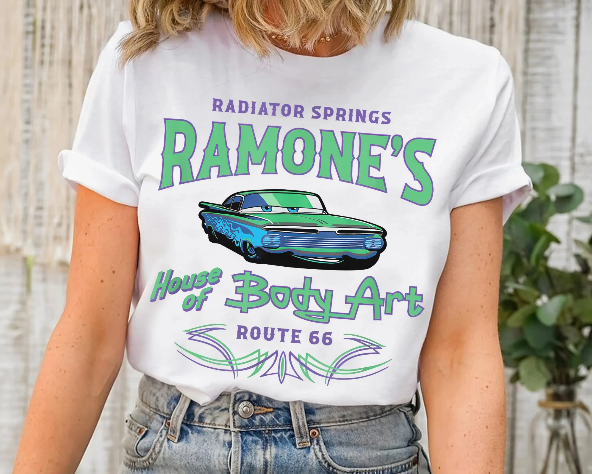 تي شيرت ديزني بيكسار كارز رادياتير سبرينغز، قميص رامونز هاوس أوف بودي آرت روت 66، تي شيرت سيارات فيلم ديزني لاند رحلة عائلية