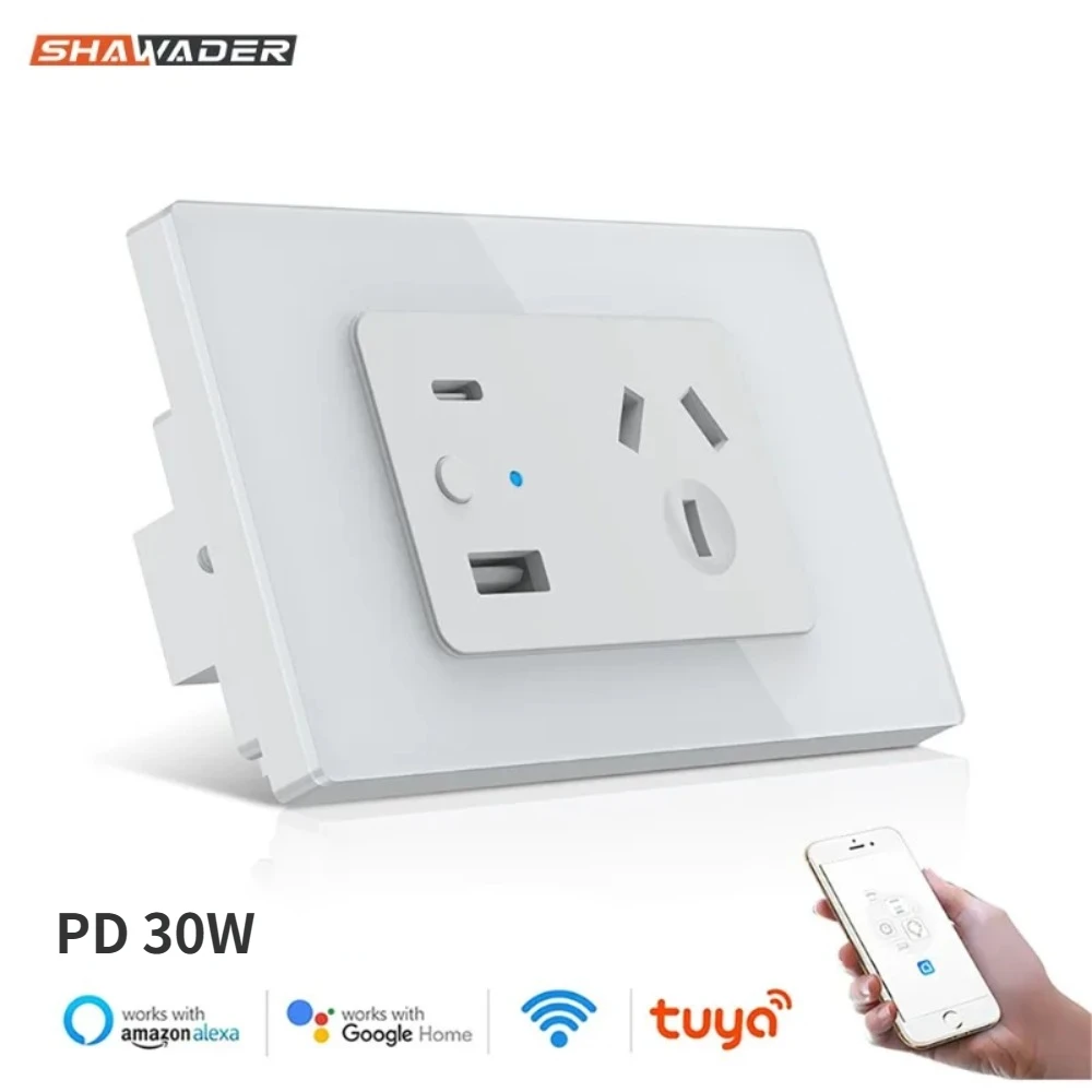 Shawader Wi-Fi AU Plug Argentina Outlet Smart Tuya Power Wall Socket USB Type C PD 30W Glass Panel Remote by Alexa Google Home