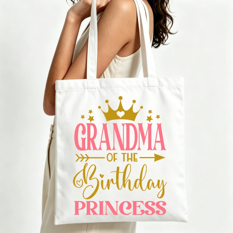 Grandma's canvas tote bag with crown and letter print, perfect for birthday celebrations and casual outings
