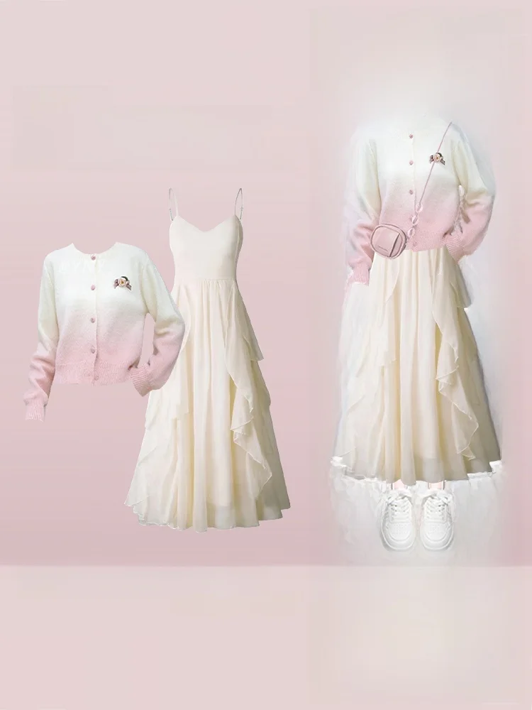 

Pure Desire adient Pink Sweet Open Cardigan Sweater Autumn Winter First Love White Strap Dr Lace Trim Two Piece Set