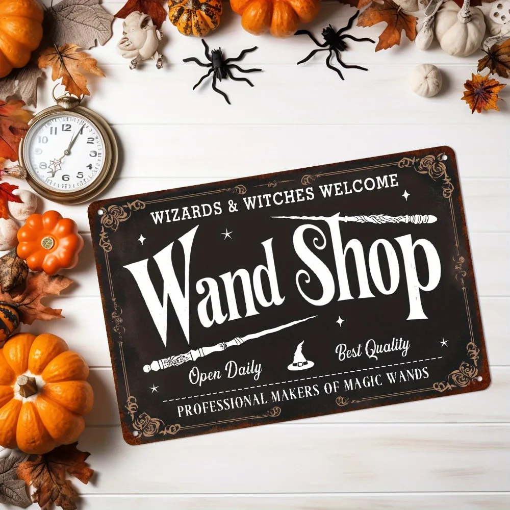 لافتة قصدير معدنية من Wand Shop Wizards & Witches ترحيبًا عتيقة للهالوين، ديكور منزلي للمنزل المسكون في المزرعة