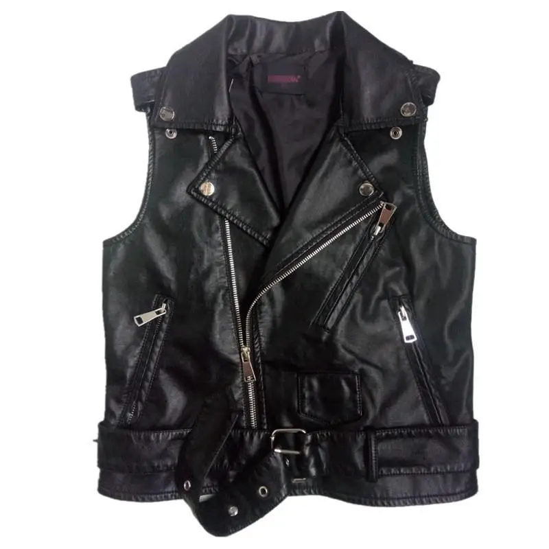 Hot Sale Black Sleeveless Pu Women Leather Jackets Winter Jacket Pu Belt Veste Motorcycle Jacket Waistcoat Vest Rivet Vests