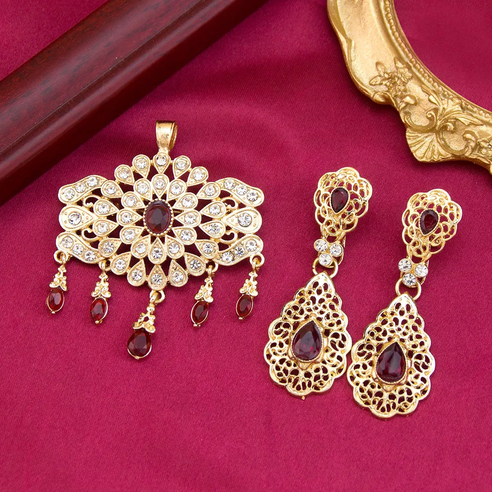 Sunspicems Gold Color Moroccan Jewelry Women Caftan Brooch Pins Drop Earring Arabic Bridal Jewelry Sets Crystal Algeria Bijoux