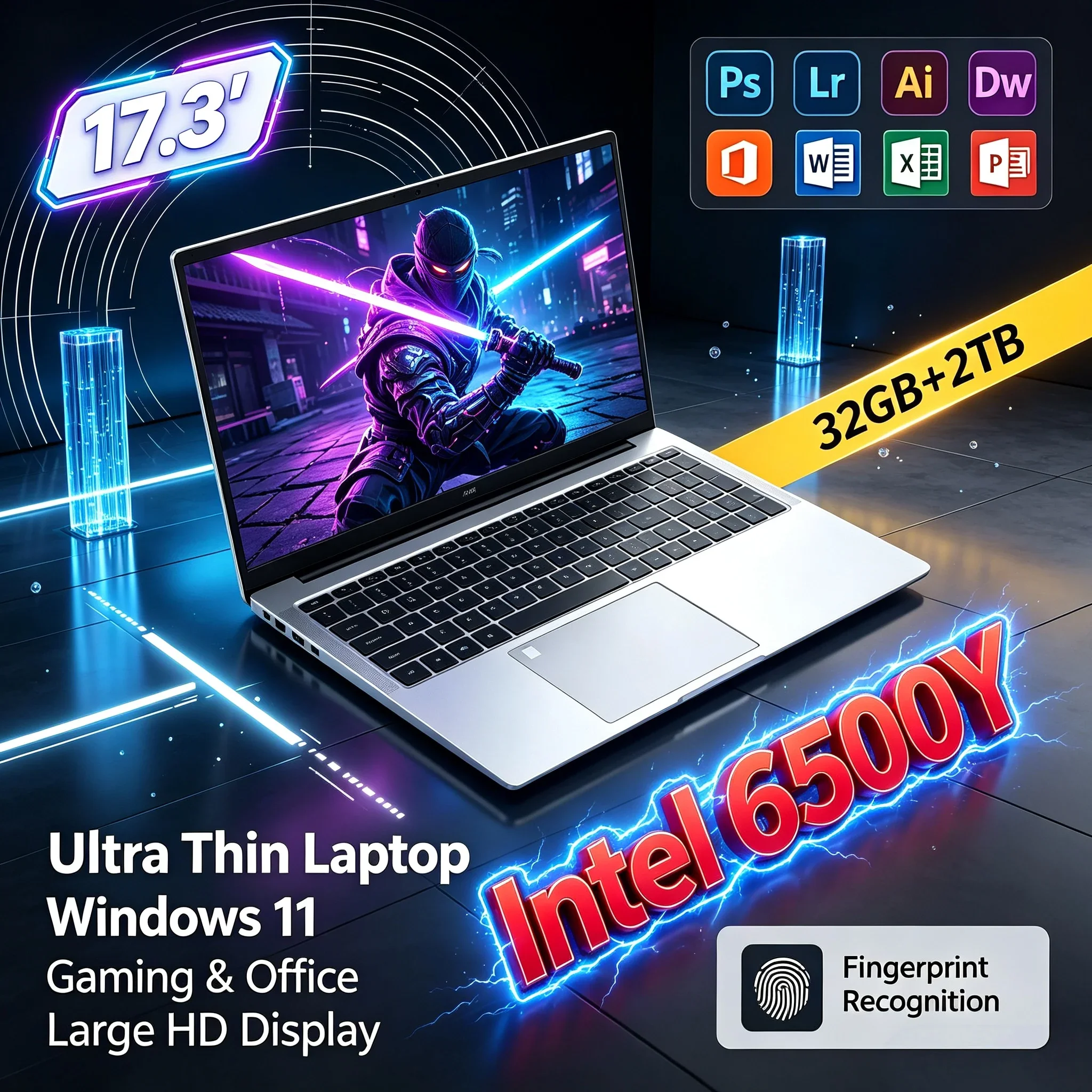 17.3'' Inch HD Laptop Intel 6500Y 32GB RAM 1TB 2TB SSD Windows11 WiFi6 BT5.2 Portable Notebook Computer For Office Daily Study
