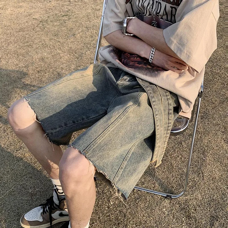 

Washed Denim Short Pants Men Summer American Retro Street Style Loose Wide Leg Five-Quarter Trendy Brand Jeans Casual Shorts