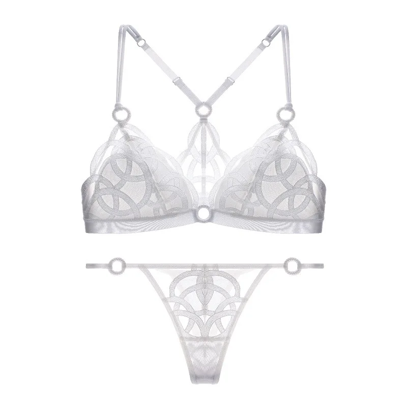 French Sexy Backless Lingerie Lace Ultra Thin Bra Set for Women Summer Triangle Soft Cup Mesh Breathable Brassiere and Thong Set
