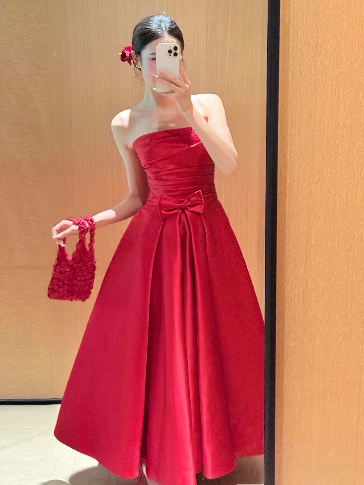 

Красное атласное свадебное платье в корейском стиле с юбкой А-силуэта для женщин 18-25 лет, полиэстер