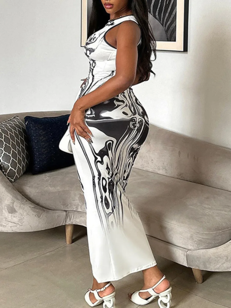 LW SXY Skeleton Print Bodycon Cami Dress senza maniche Bodycon Maxi abiti per le donne Club Birthday Party abito elegante vestido